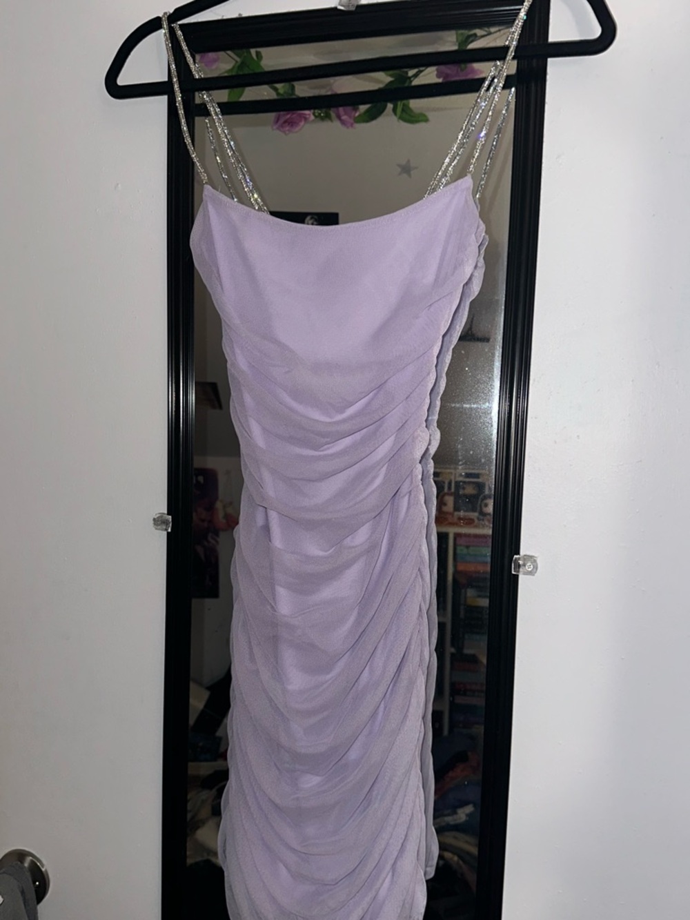 Lucy in the Sky Lilac Ruched Mini Dress with Rhinestone Straps